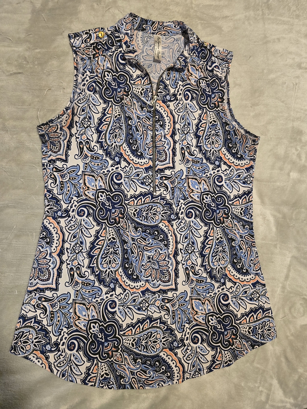 Perception Concept Blue Paisley Zip Neck Sleeveless Blouse M